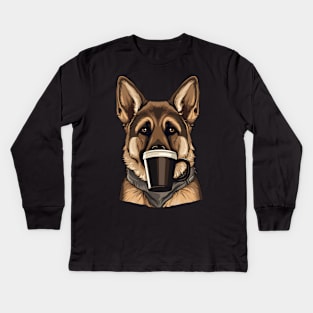 German Shepherd Drinking Coffee Kids Long Sleeve T-Shirt